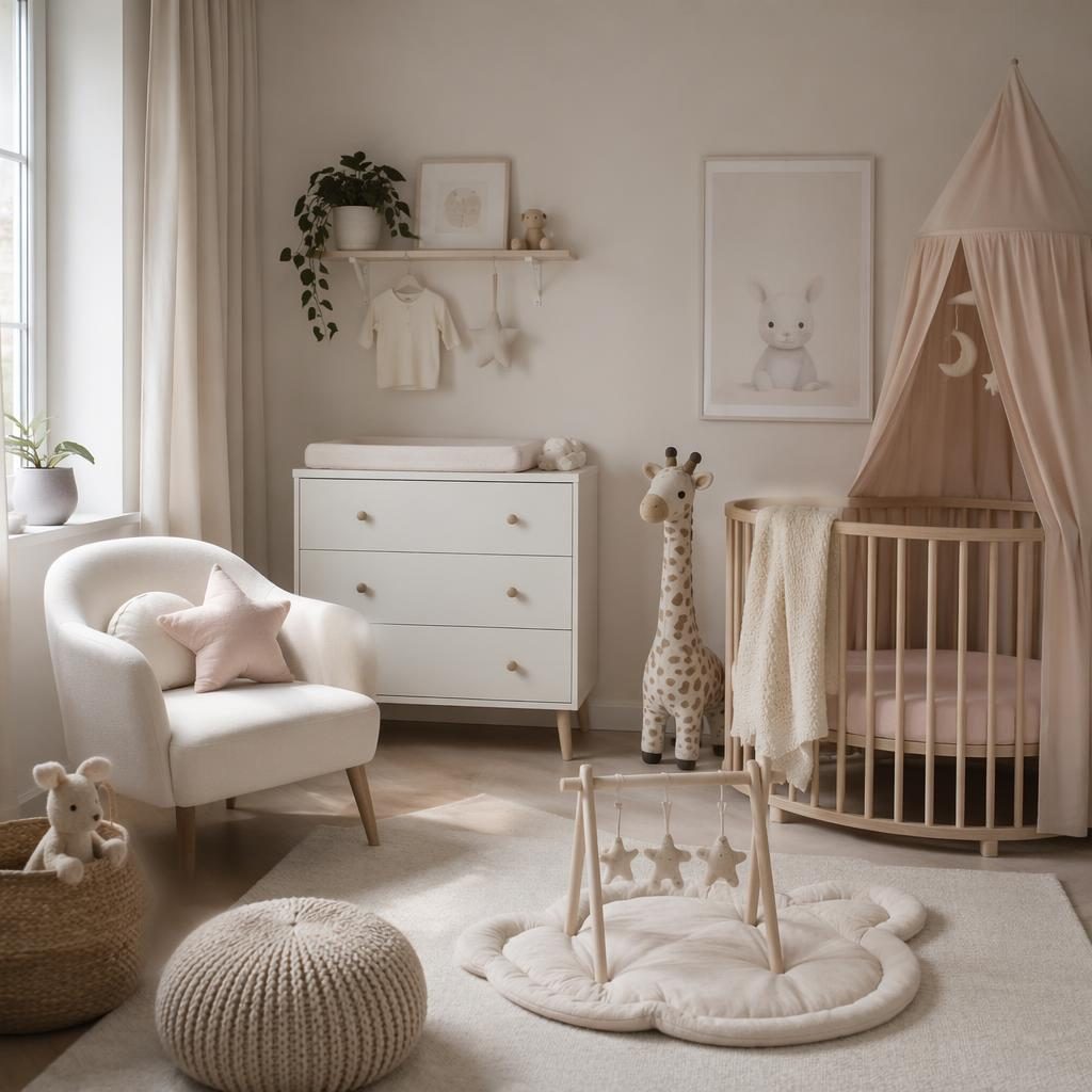 Babyzimmer im Mid-Century-Stil in Schwarz-Weiß mit Pastelltönen, Pflanzen, Textilien, Kunst und natürlichem Licht