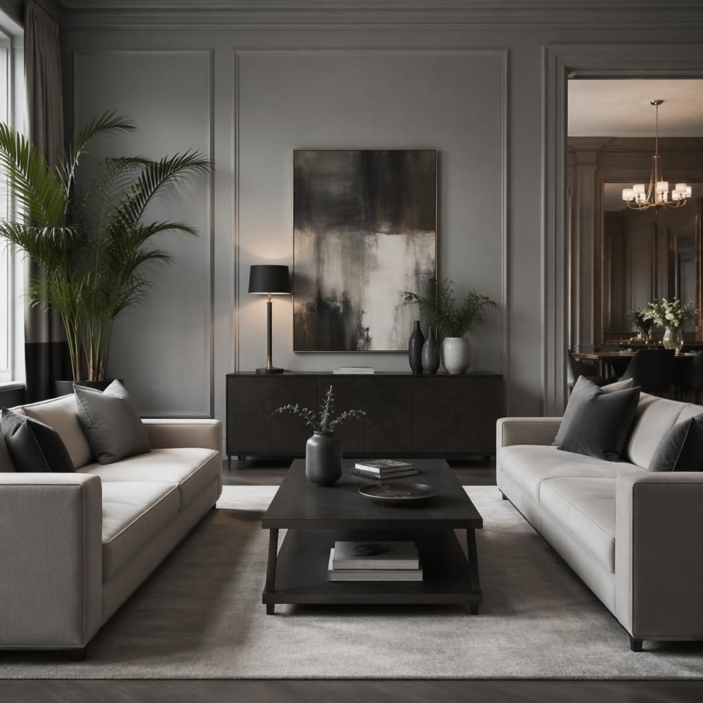 Entrada interior estilo art déco en grises fríos, con salón con 2 sofas, luz natural suave, plantas y textiles.
