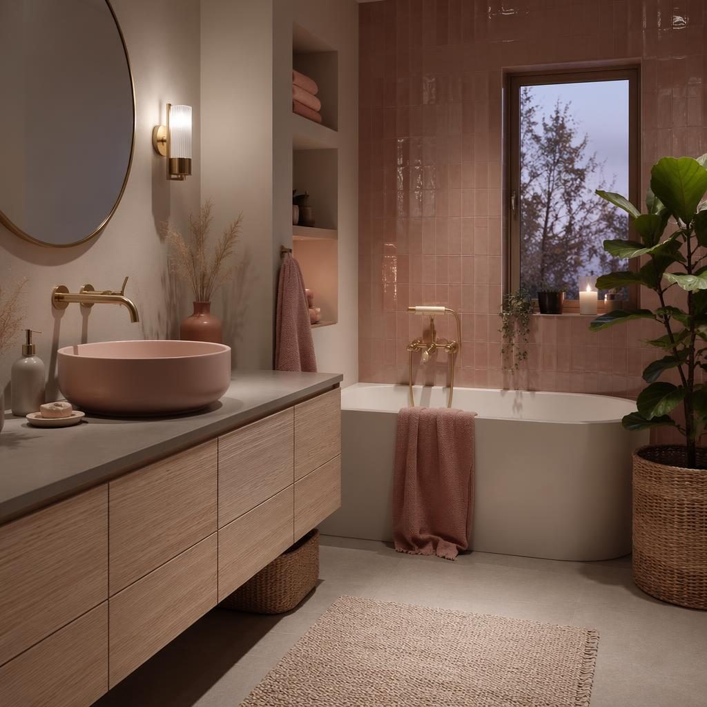 Salle de bain scandinave en rose pastel et beige, matériaux naturels, plantes, art textile et lumière chaude du soir.