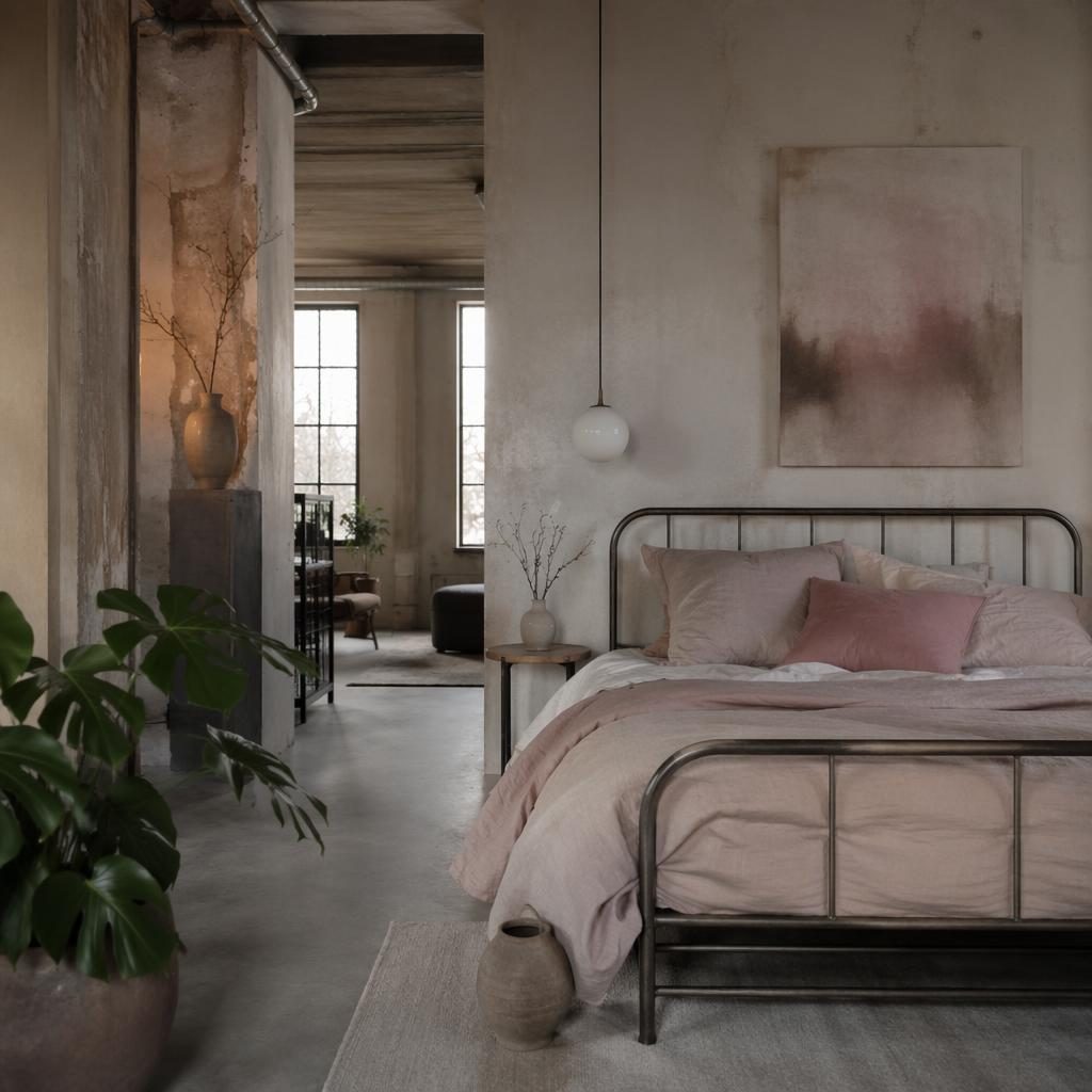 Wabi-Sabi Schlafzimmer mit Metallbett, rosa-beiger Palette, Pflanzen, Kunst, Textilien und natürlichem Licht