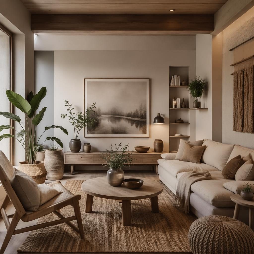 Interior realista de salón boho nórdico con cocina minimalista de hormigón, tonos salvia y crema, plantas y textiles.