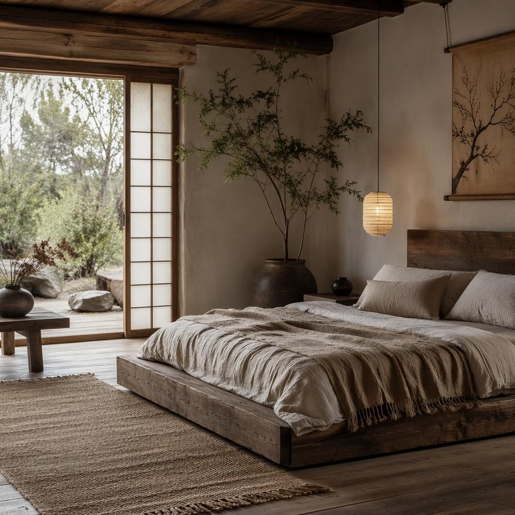 Realistic farmhouse bedroom with reclaimed wood, warm neutral tones, plants, textiles, art, and soft overcast light