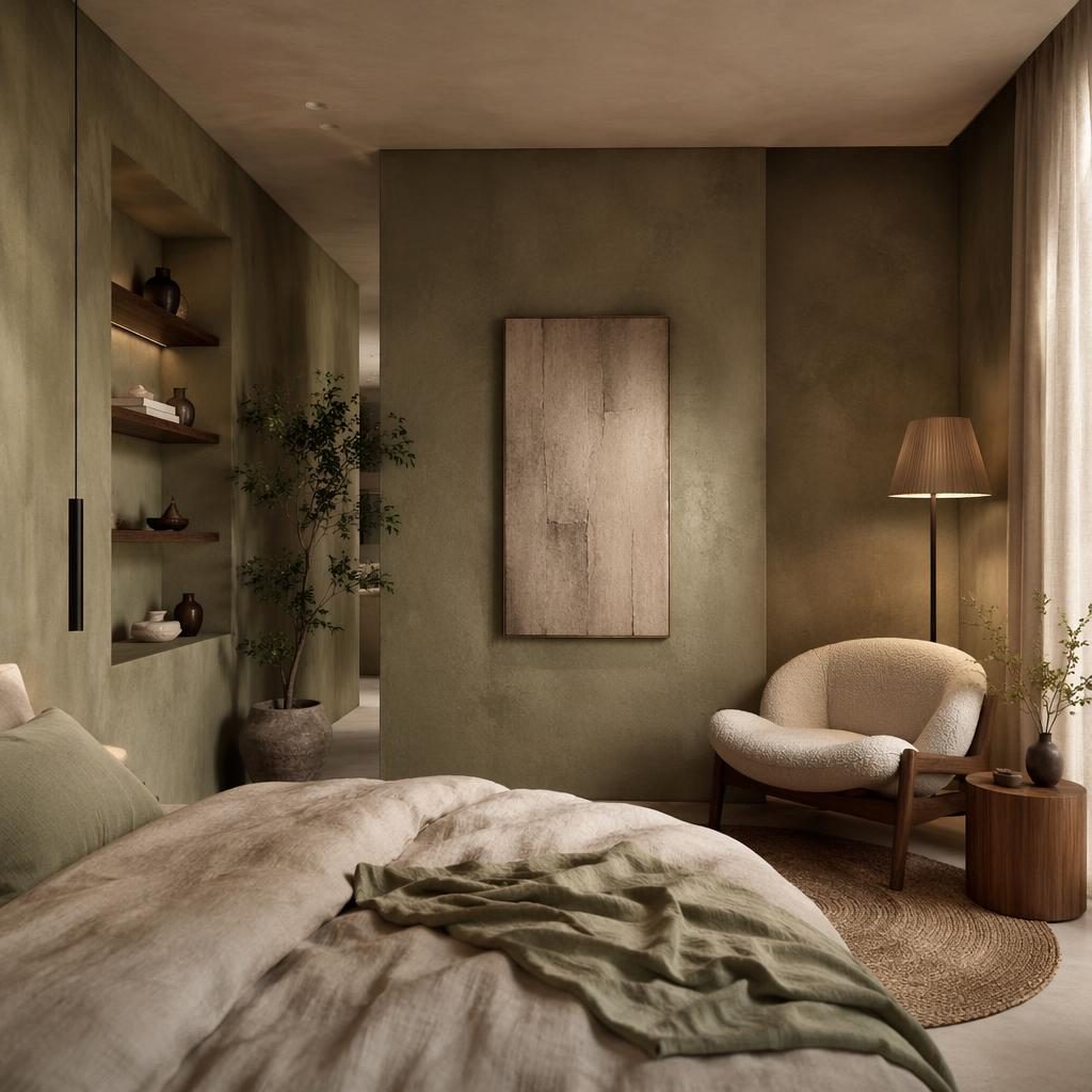 Stimmungsvolle Leseecke im wabi-sabi Schlafzimmer in Salbei und Creme mit Sessel, Textilien, Pflanzen und Wandkunst.
