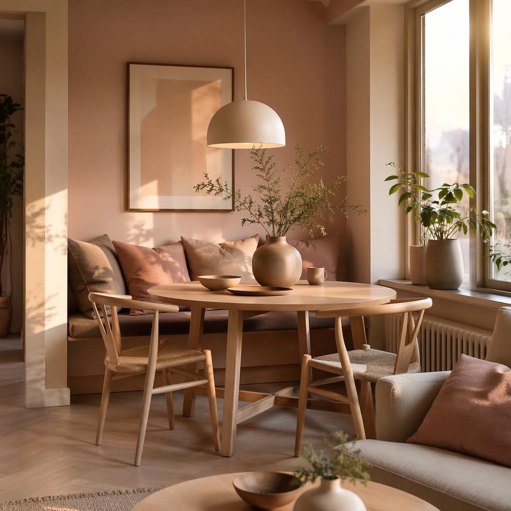 Japandi Scandinavian dining room in pastel pink and beige with natural wood, plants, art, textiles, and golden hour light.