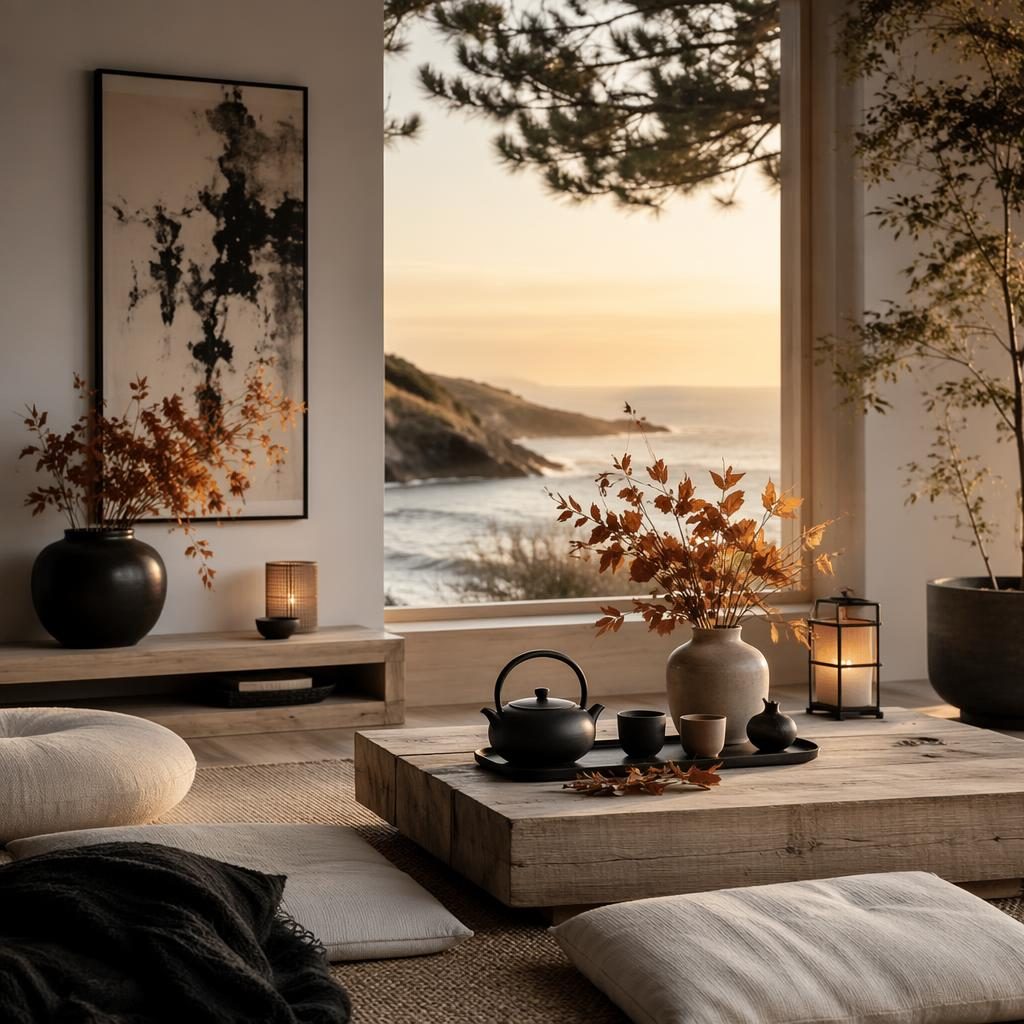 Coastal-inspired Japandi tea room in black and white at golden hour with natural wood, low seating, plants, textiles and indoor fall decorations.