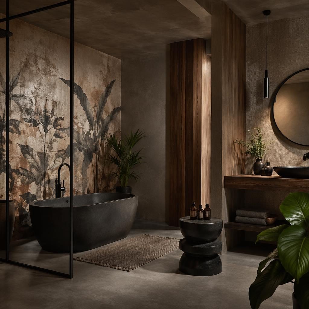 Modernes Luxus-Spa-Badezimmer im Industrial-Stil mit Erdtönen, Naturmaterialien, Pflanzen, Kunst und stimmungsvoller Beleuchtung