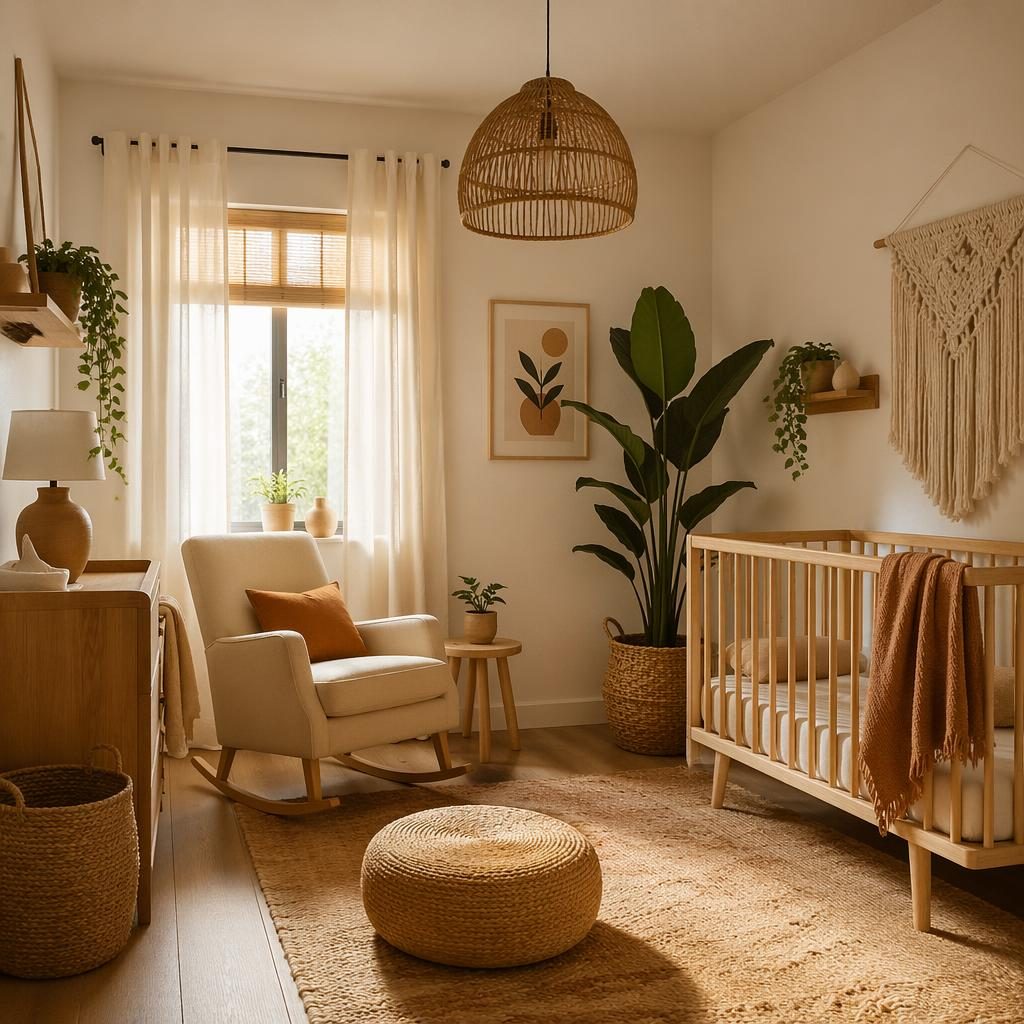 Scandinavian nursery interior in Japandi style with boho decor, earth tones, wood furniture, plants, textiles, and golden hour light.