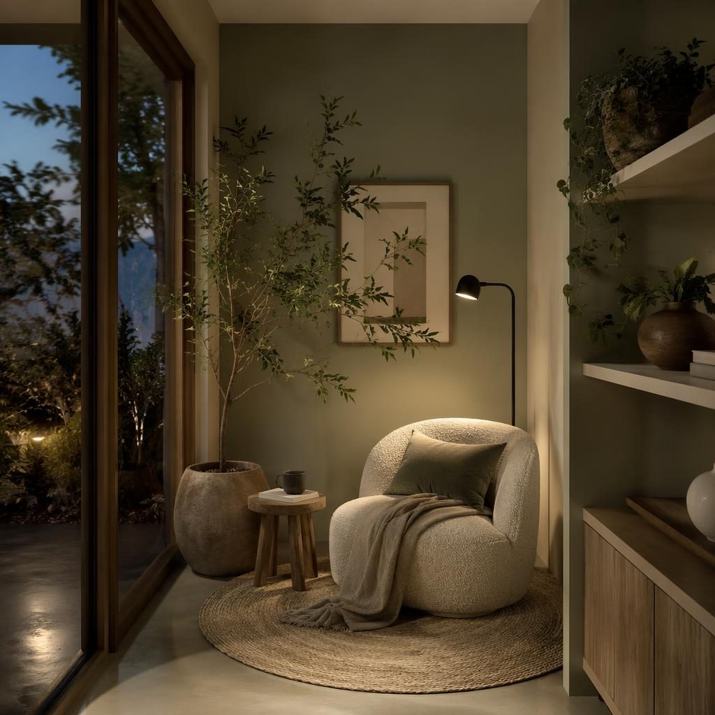 Entrée minimaliste style wabi-sabi avec coin lecture, plantes, tons sauge et crème, lumière chaude du soir