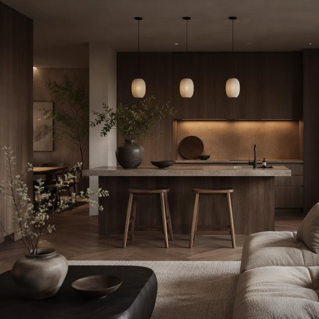 Zeitgenössisches Wohnzimmer mit Japandi-Kücheninsel, Erdtönen, Naturmaterialien, Pflanzen, Kunst und Textilien