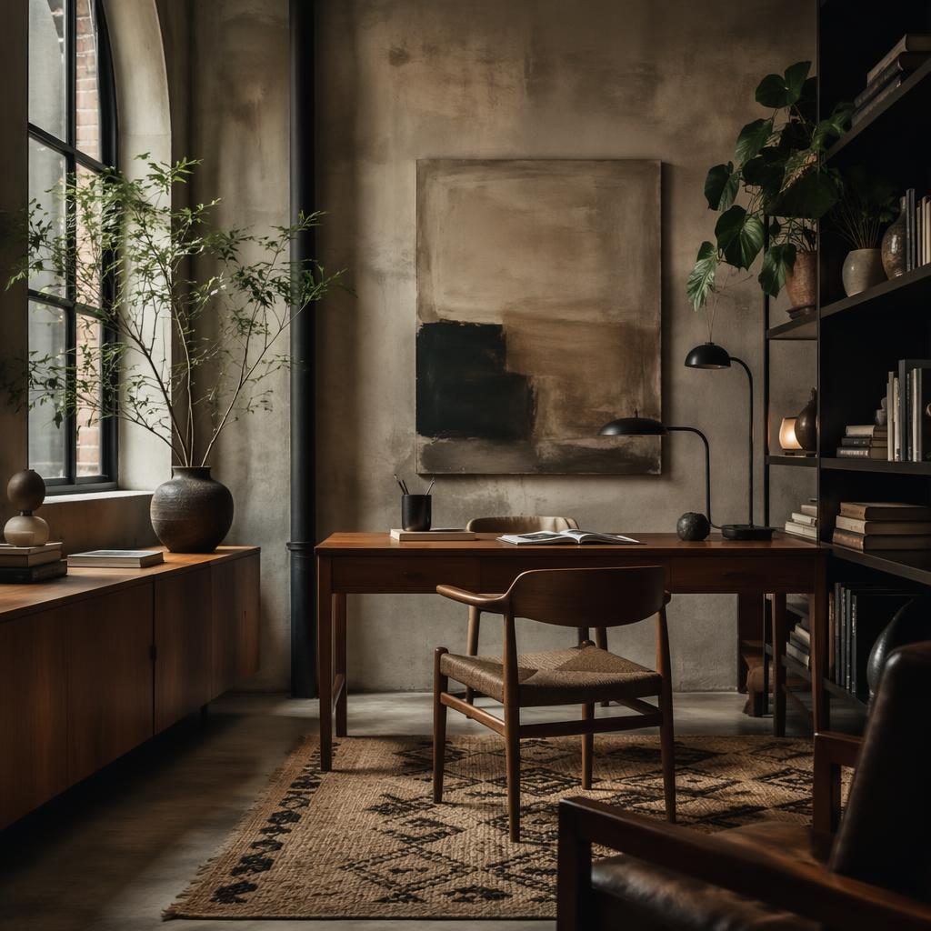Bureau à domicile industriel en teck, tons neutres chauds, plantes, textiles, art mural et lumière tamisée.
