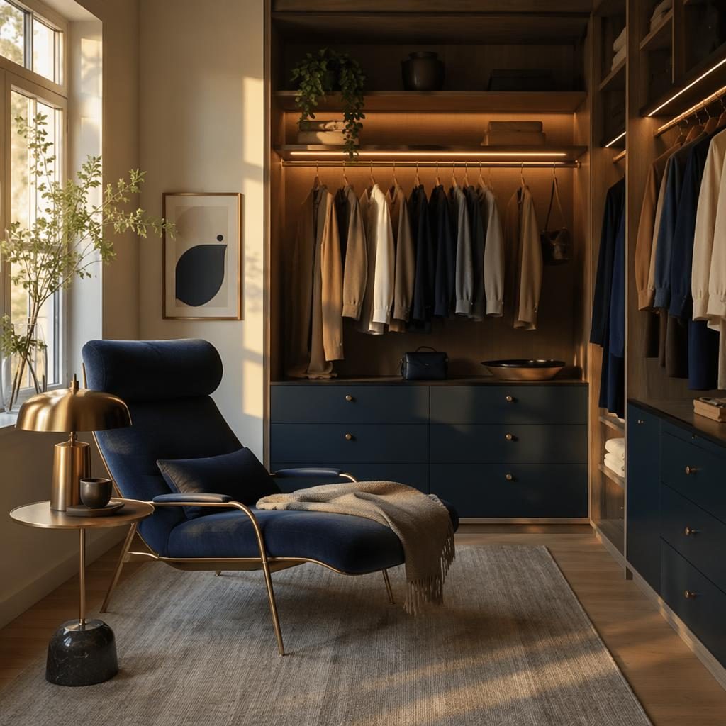 Skandinavisches Ankleidezimmer mit Leseecke, blauen und messingfarbenen Akzenten, Pflanzen, Kunst, Textilien im Abendlicht