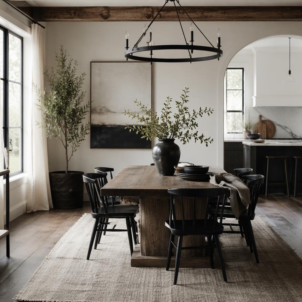 Modern farmhouse kitchen in a black and white palette with neutral decor, natural materials, plants, art, textiles, and soft daylight.