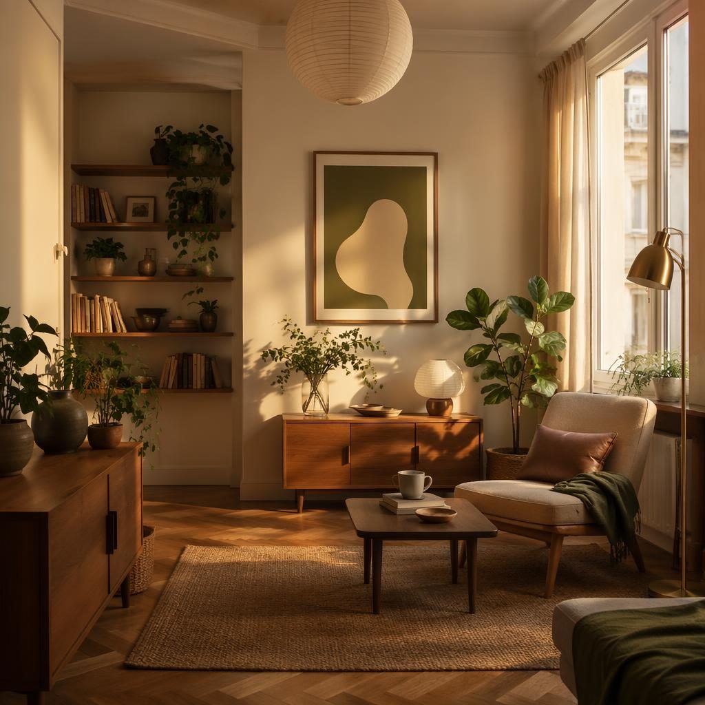 Wohnzimmer in Erdtönen mit Leseecke, Salbei-Creme-Palette, Sessel, Pflanzen, Kunst und warmem Abendlicht