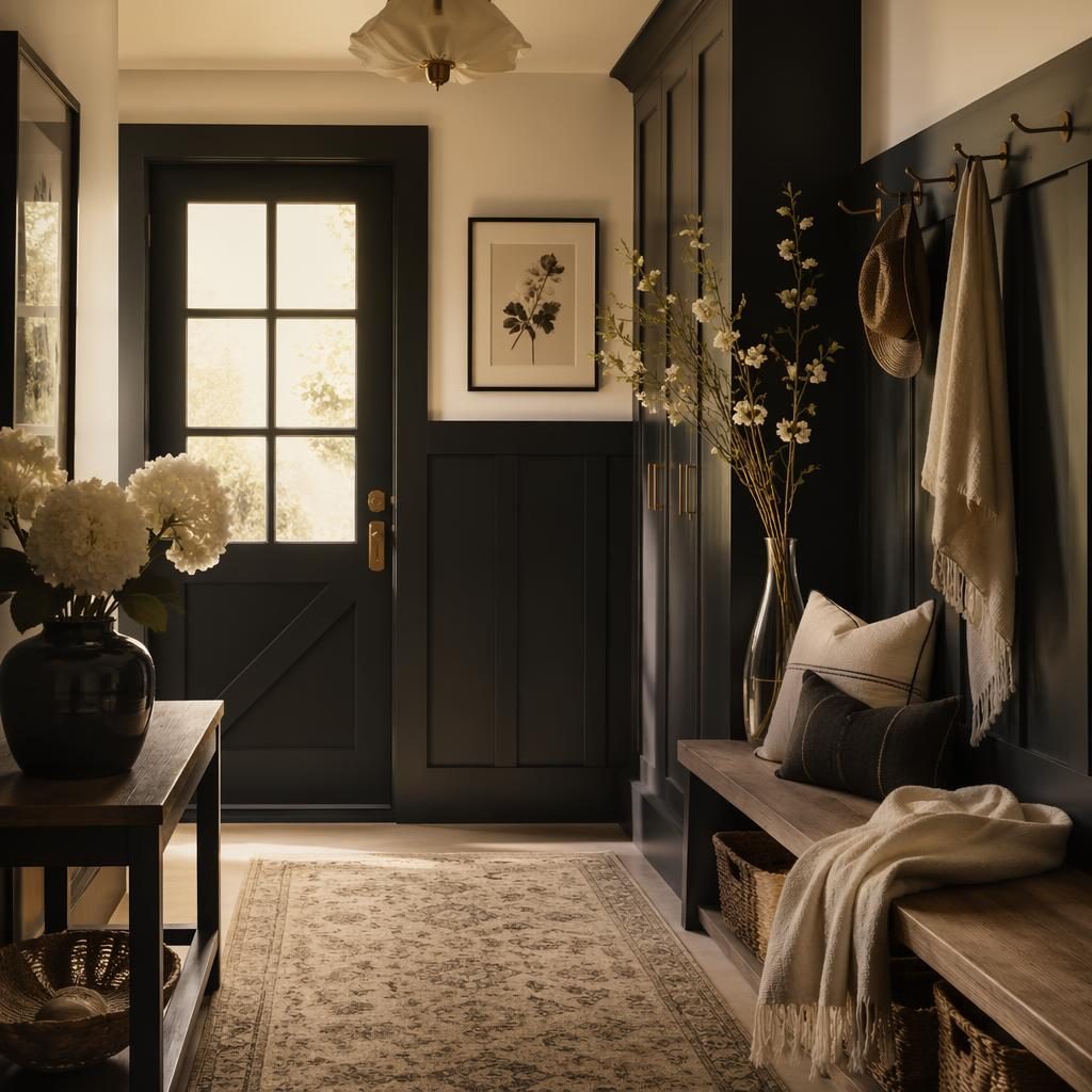 Mudroom style farmhouse art déco en noir et blanc, lumière dorée, plantes, textiles, banc et rangements, sans personne