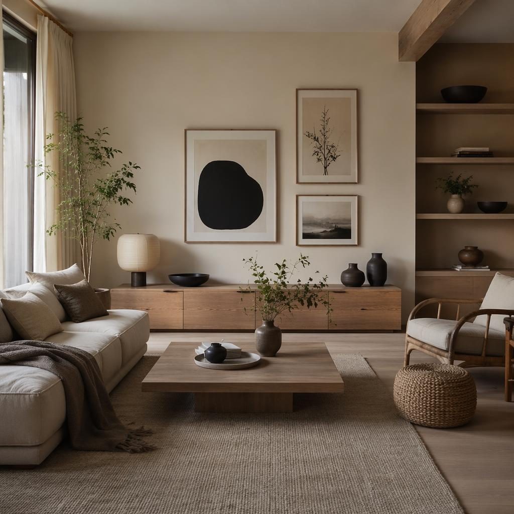 Japandi living room with warm neutral palette, wall art, plants, textiles, natural materials, and soft daylight