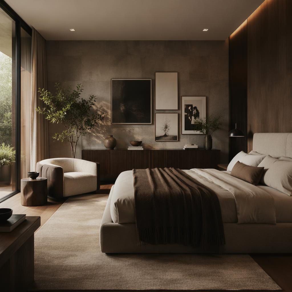 Luxury contemporary bedroom with earth-tone palette, minimalist gallery wall, natural materials, plants, art, and moody lighting.