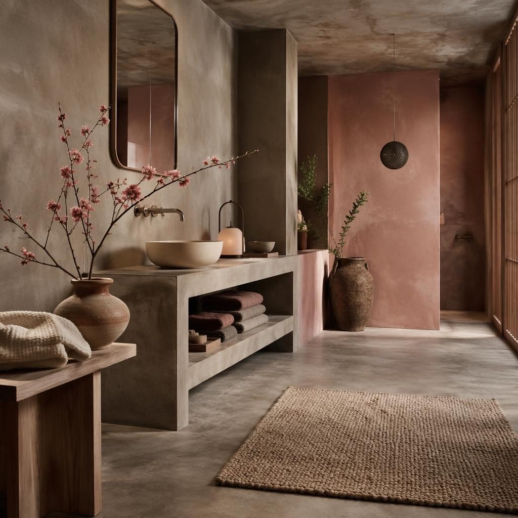 Salle de bain japandi en béton brut, tons rose pastel et beige, plantes, art mural, textiles et décoration a poser.