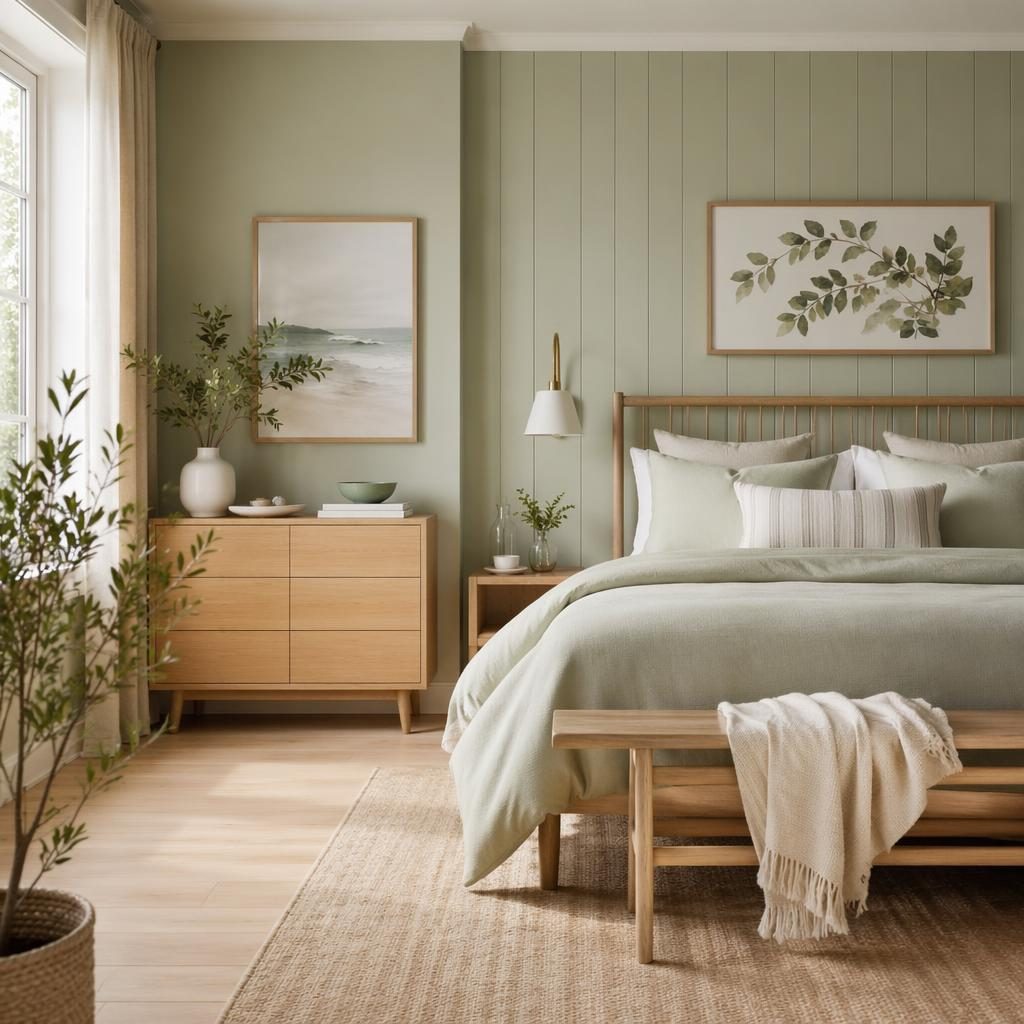 Scandinavian bedroom with sage and cream palette, soft daylight, natural materials, plants, art, textiles, no people.