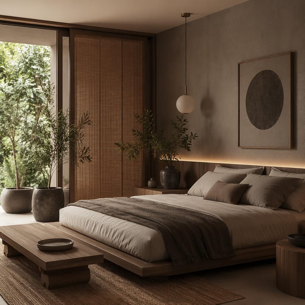 Dormitorio japandi con paleta neutra cálida, madera natural, textiles suaves, arte, plantas y luz ambiental tenue.
