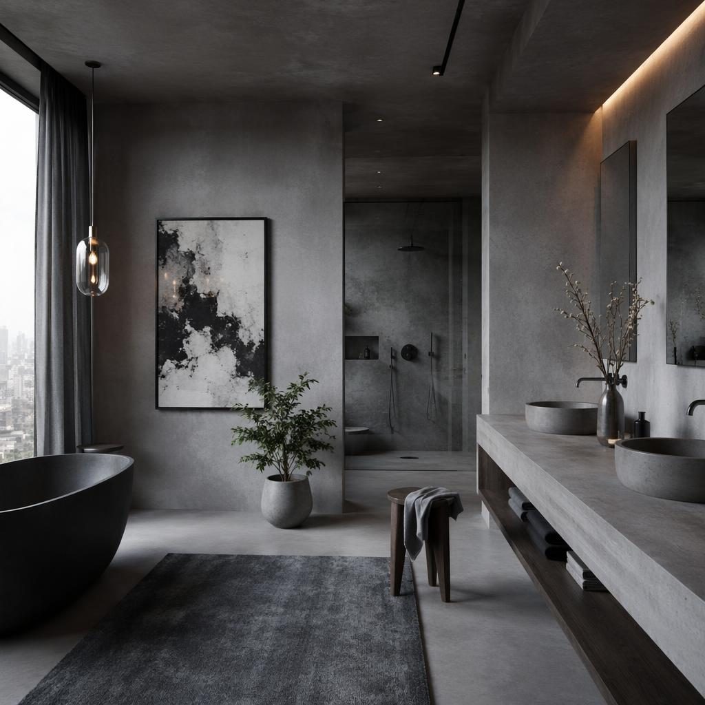 Industrial Badezimmer in kühlen Grautönen mit Tageslicht, Naturmaterialien, Pflanzen, Kunst, Textilien und luxuriöser Penthouse-Atmosphäre.