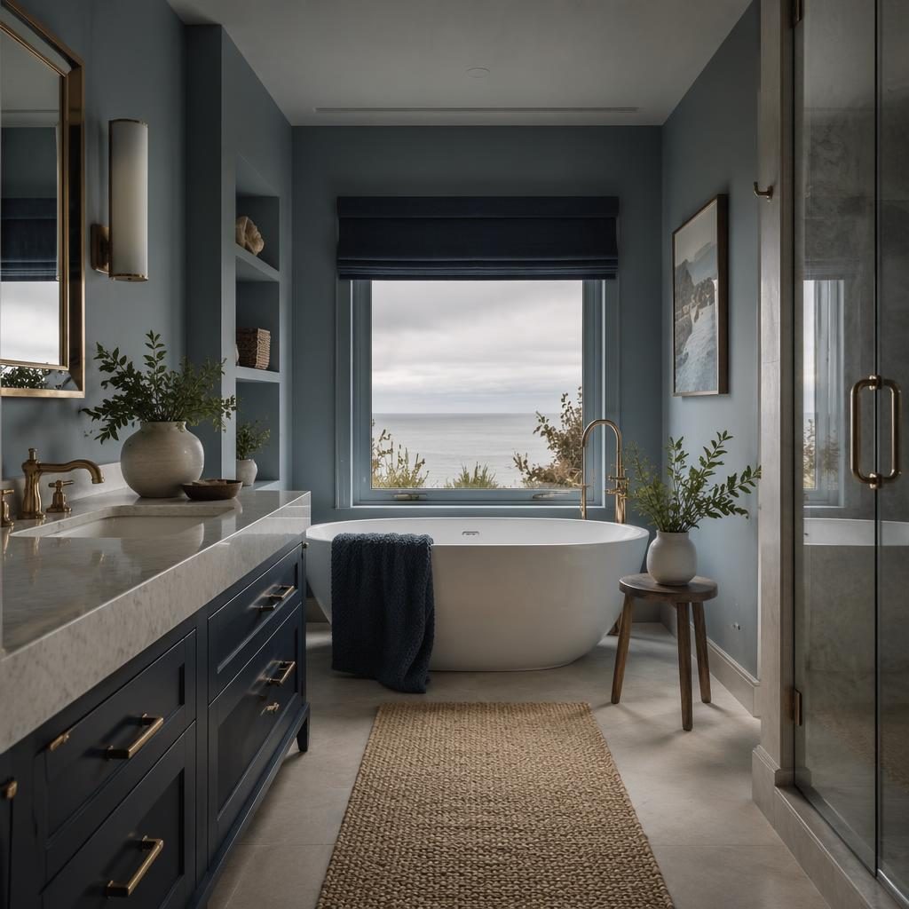 Luxury coastal spa bathroom with blue and brass accents, natural materials, plants, art, textiles, and soft diffused light.