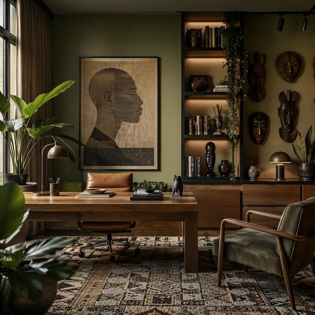 Bureau maison contemporain de luxe avec palette sauge et crème, mur en brique, plantes, art textile et mobilier naturel
