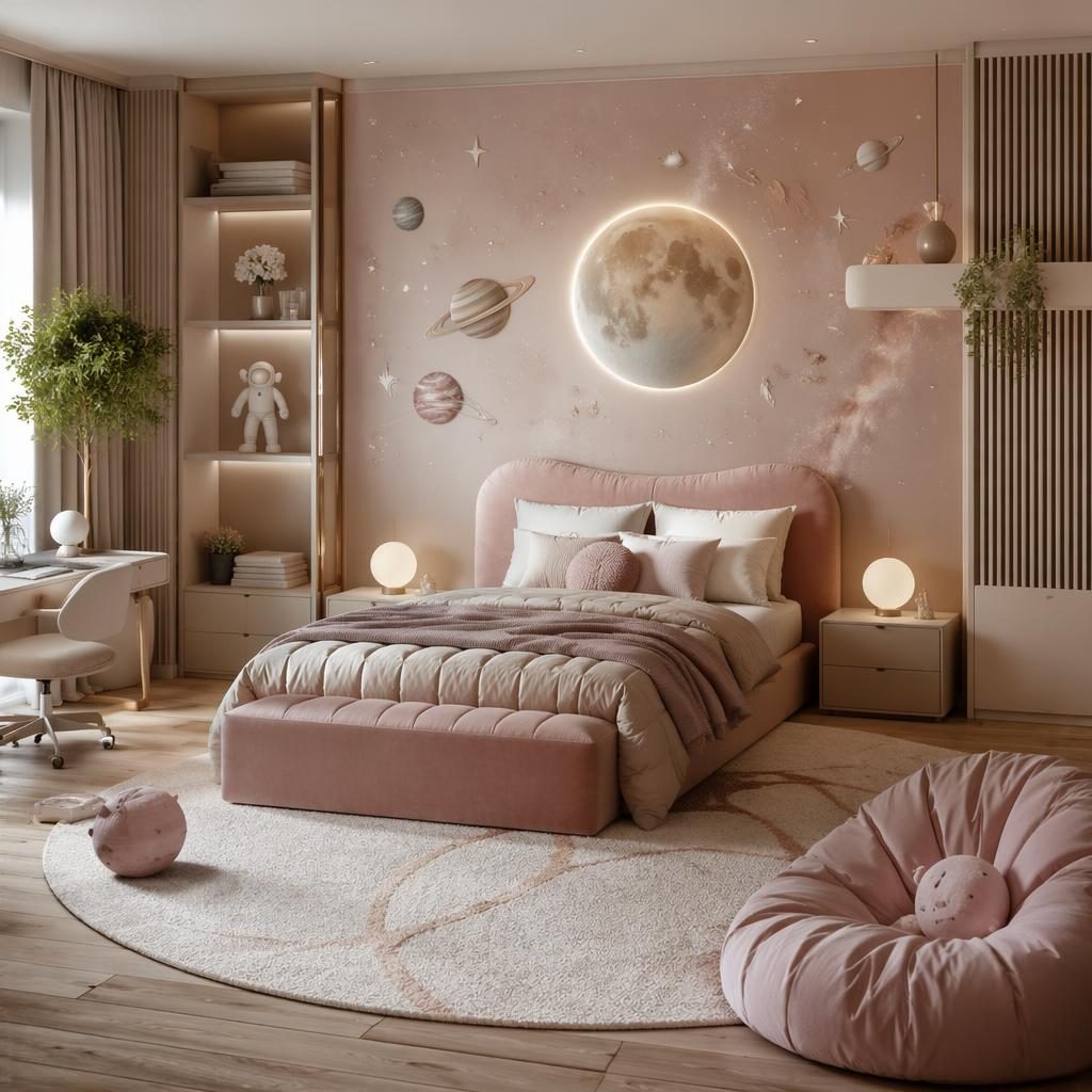 Pastel pink and beige bedroom interior with soft daylight, space-themed decor, textiles, plants, and natural materials