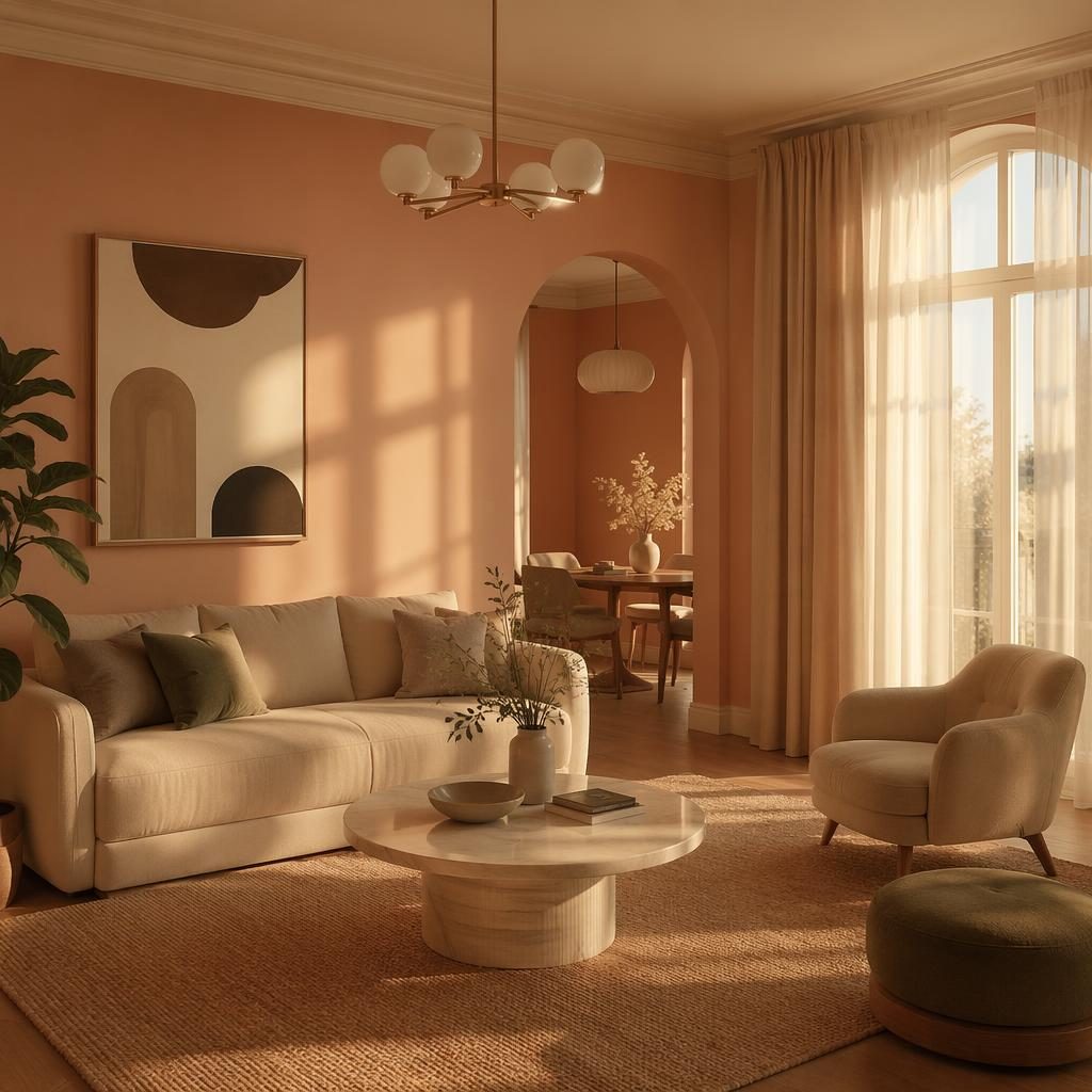 Realistic pastel pink and beige art deco interior with golden hour light, plants, textiles, and modern decor, no people.