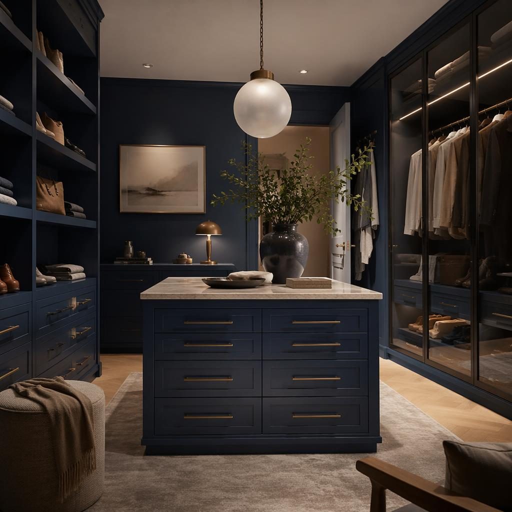 Vestidor abierto minimalista en azul y latón, con madera natural, textiles, plantas y luz ambiental tenue.