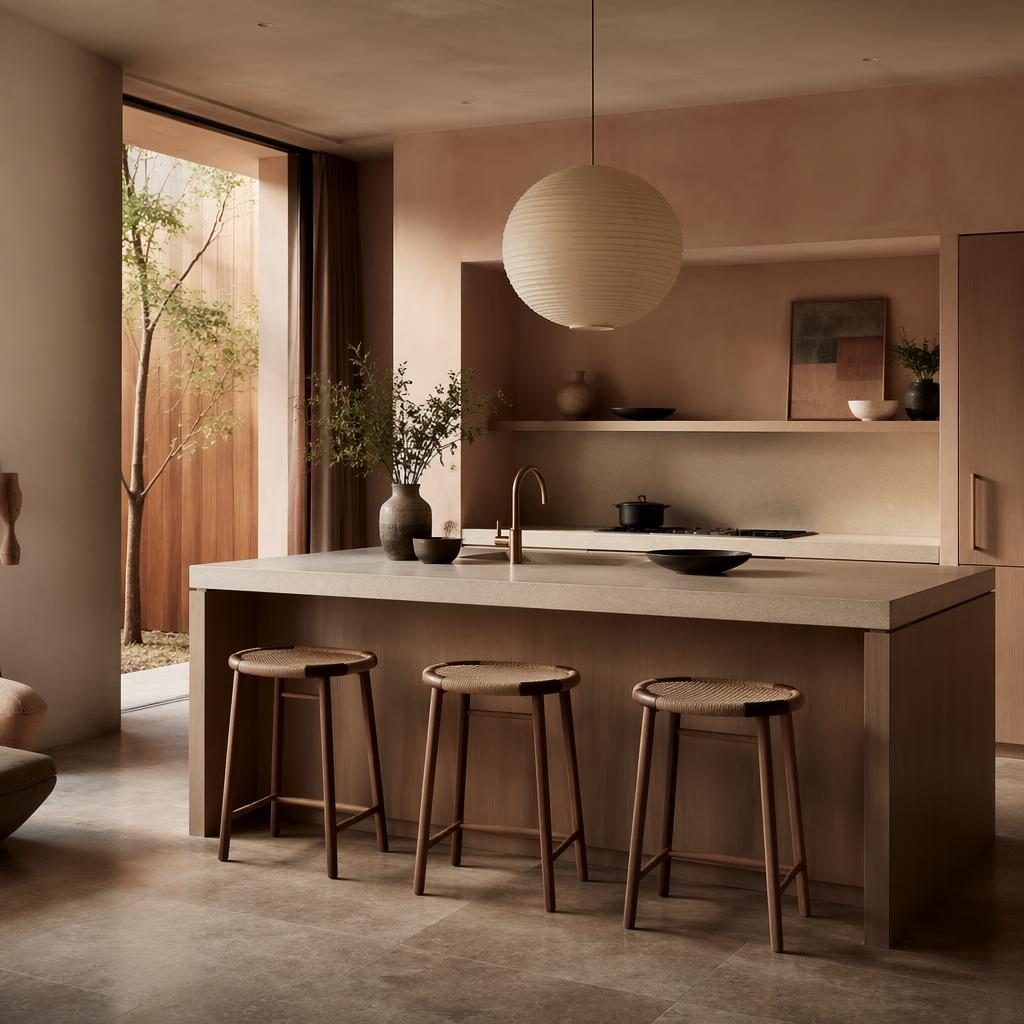 Moody Japandi interior with a pastel pink and beige kitchen island, natural materials, plants, art, and soft textiles.