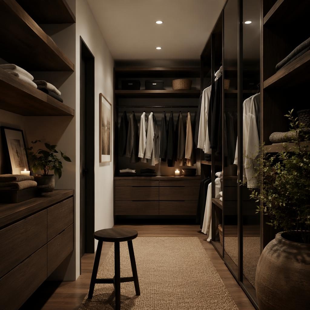 Vestidor minimalista en blanco y negro con materiales naturales, textiles, plantas y luz cálida de tarde.