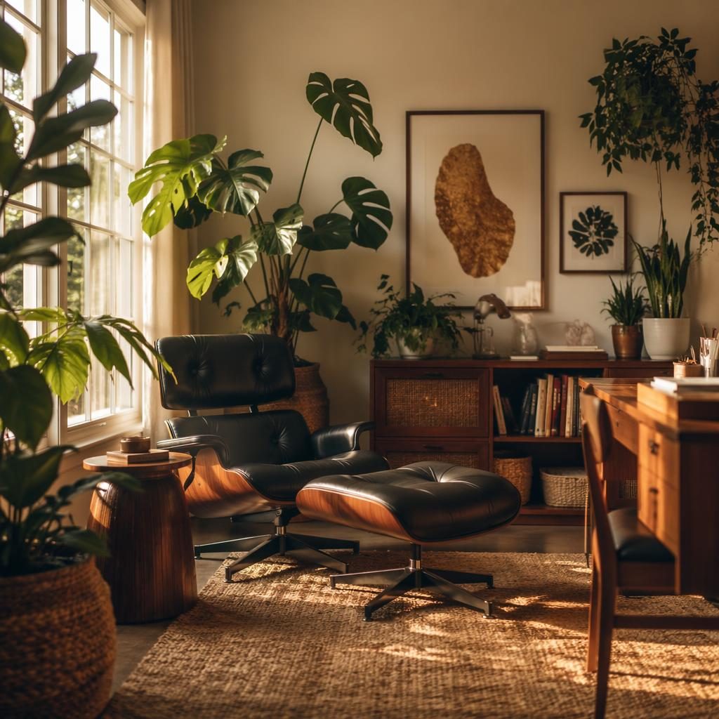 Boho mid-century home office reading lounge in warm neutrals, with indoor decorative plants, natural materials, art and textiles.