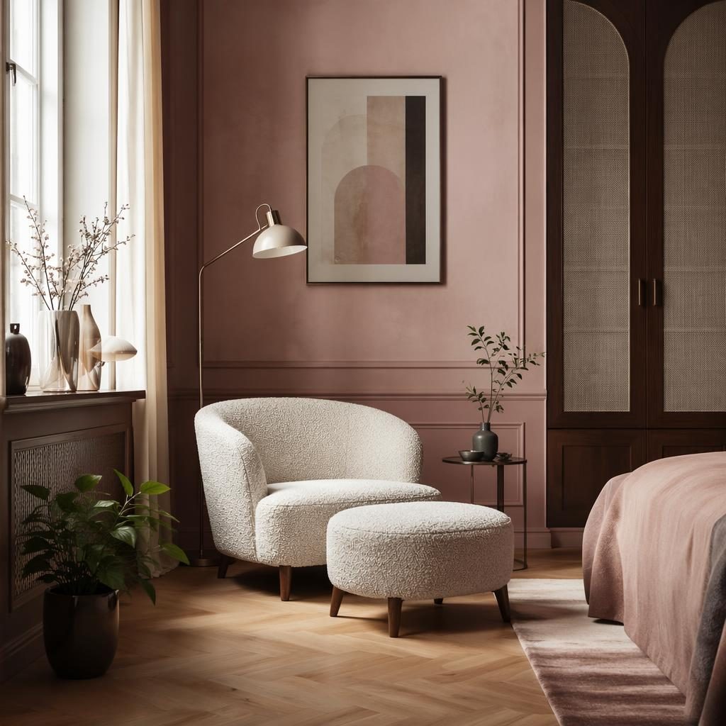 Art-Déco-Schlafzimmer in Pastellrosa und Beige mit skandinavischer Leseecke, Pflanzen, Textilien und natürlichem Licht