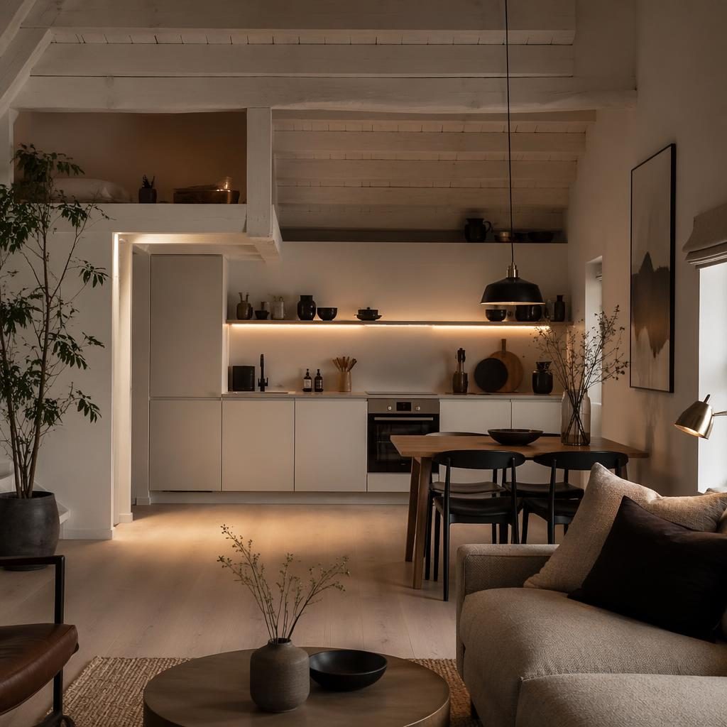 Render realista de interior tipo loft blanco minimalista con estética escandinava, tonos cálidos, plantas y textiles.