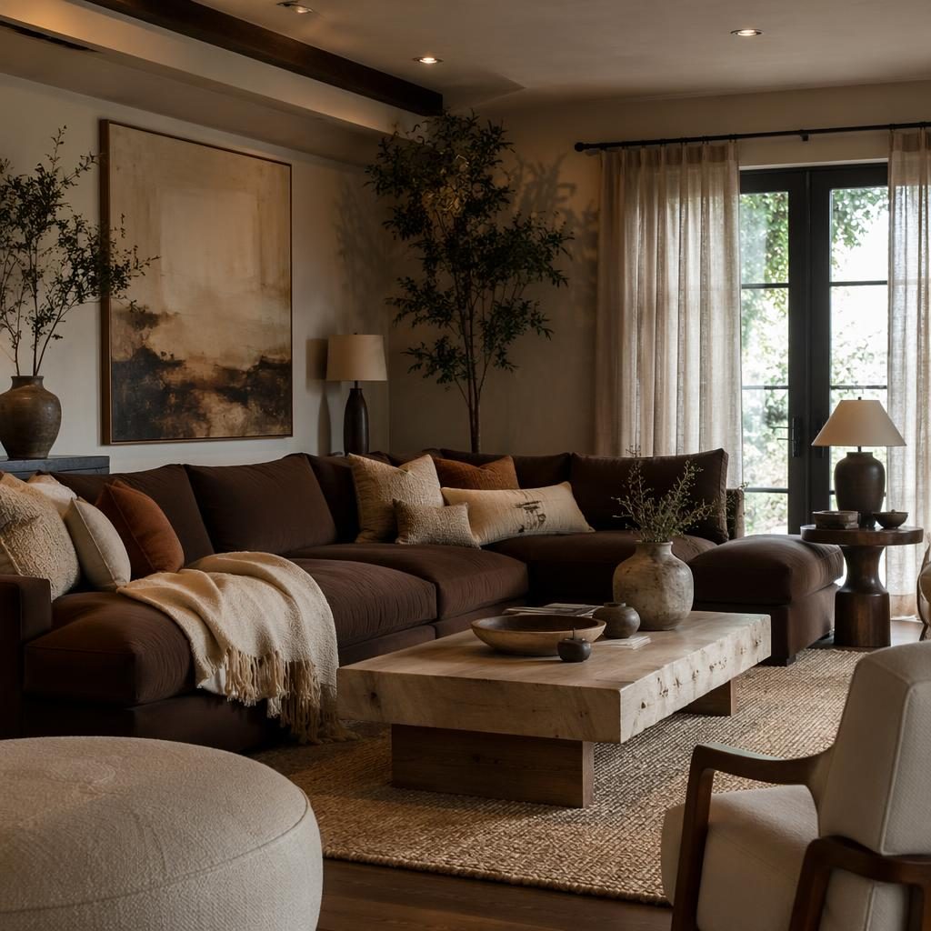 Salón boho de lujo con sofá marrón chocolate, paleta salvia y crema, materiales naturales, plantas y luz tenue.
