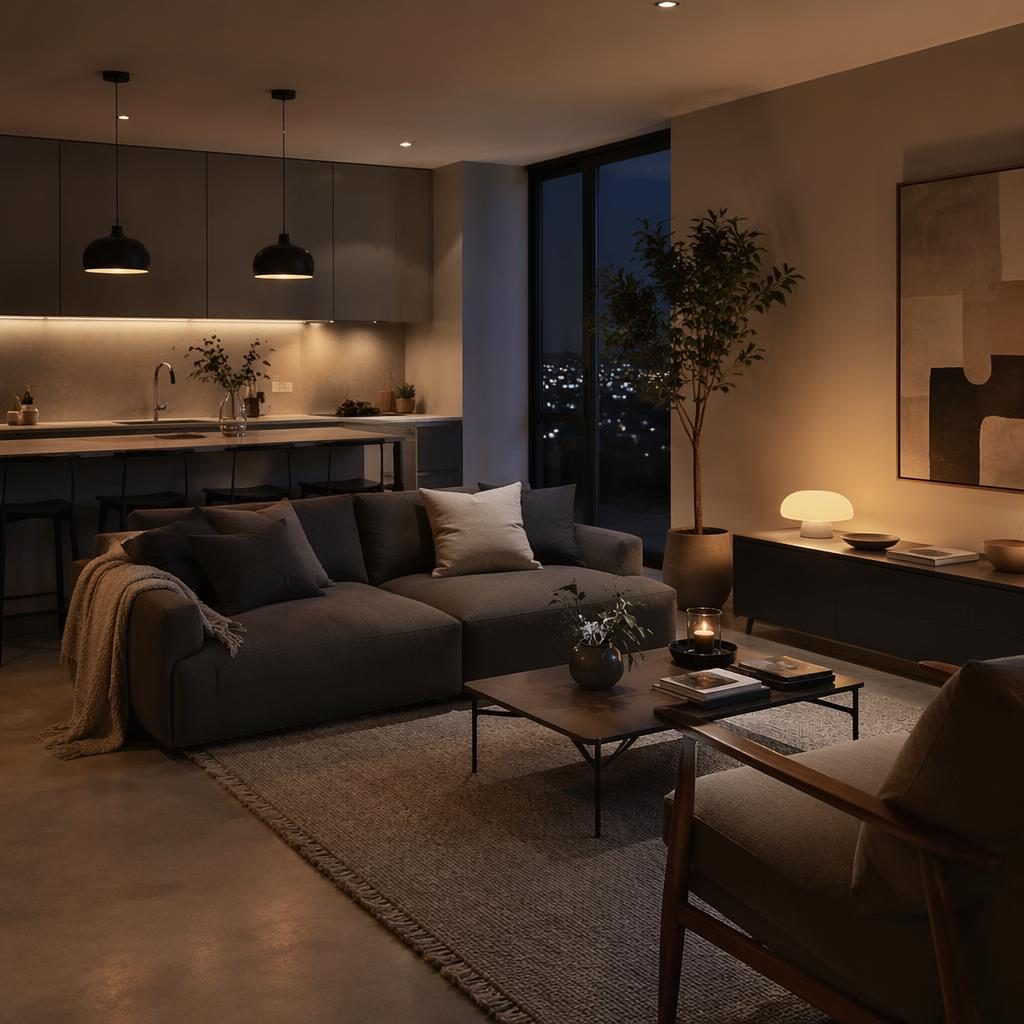 Mid-century living room with cool grey palette, plants, art, textiles, and a minimalist concrete kitchen at evening