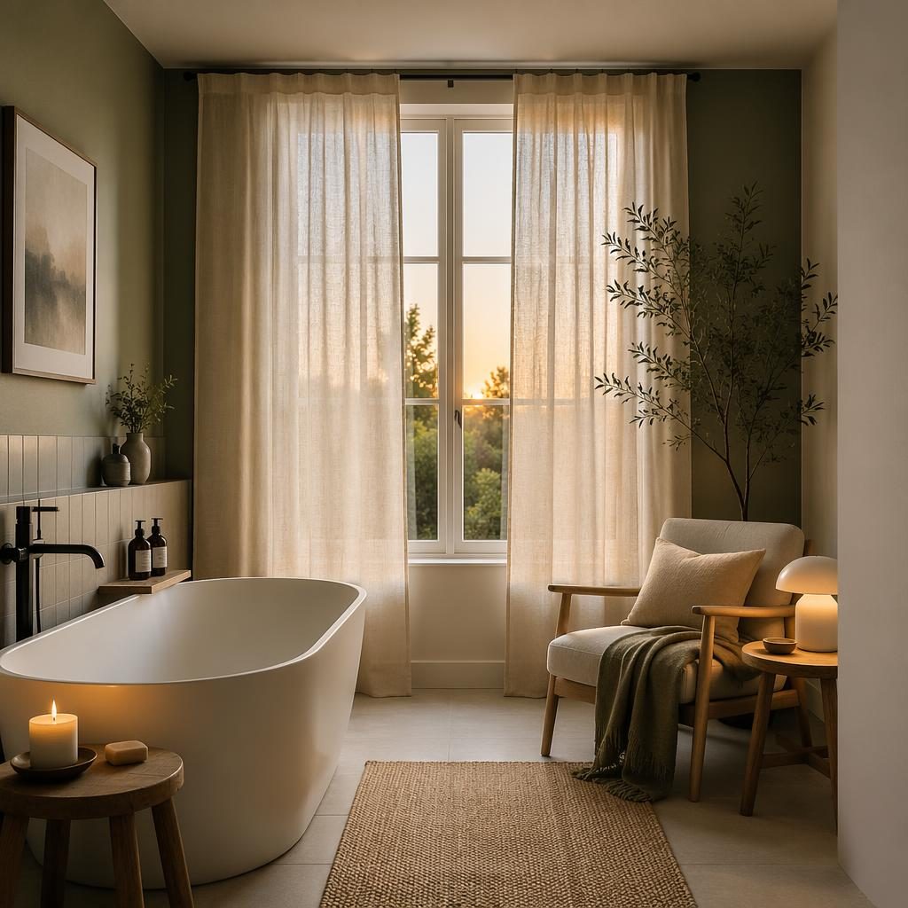 Salle de bain minimaliste scandinave en vert sauge et crème, avec voilages intérieurs, plantes et matières naturelles.