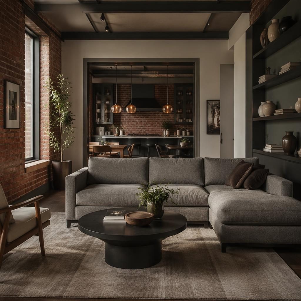 Art deco style interior render with a gray couch, warm neutral decor, soft daylight, plants, textiles, and brick details