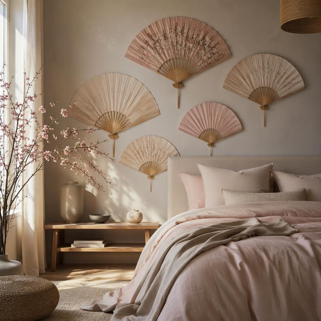 Dormitorio wabi-sabi en rosa pastel y beige con rincón de lectura, plantas, textiles y luz dorada, sin personas