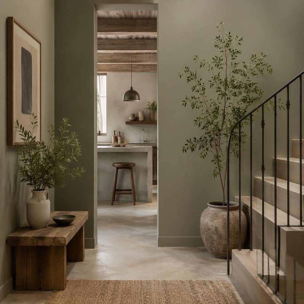 Farmhouse entryway with sage and cream palette, natural materials, plants, art, textiles, and a minimalist concrete kitchen