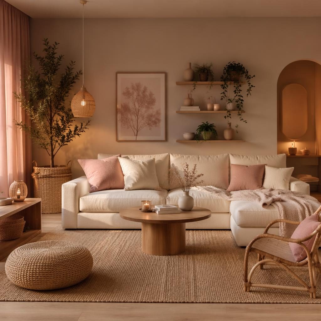 Boho Scandinavian nursery interior with pastel pink and beige decor, natural wood furniture, plants, textiles, and art
