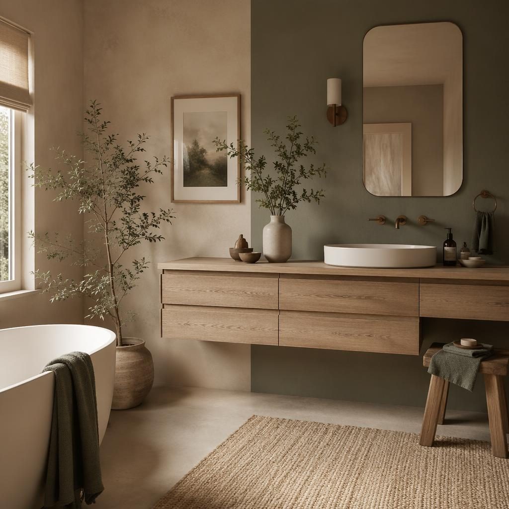 Scandinavian kitchen interior render with sage and cream tones, natural wood, soft daylight, plants, textiles, and styled decor