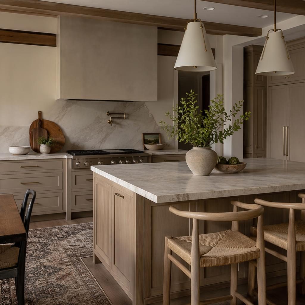 Modern farmhouse kitchen interior render in warm neutral tones with wood, stone, plants, art, and above couch decor.