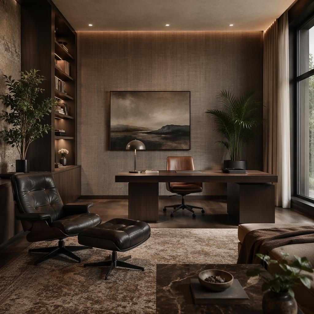 Luxury contemporary master suite interior with warm neutral tones, moody lighting, natural materials, plants, art, and textiles.