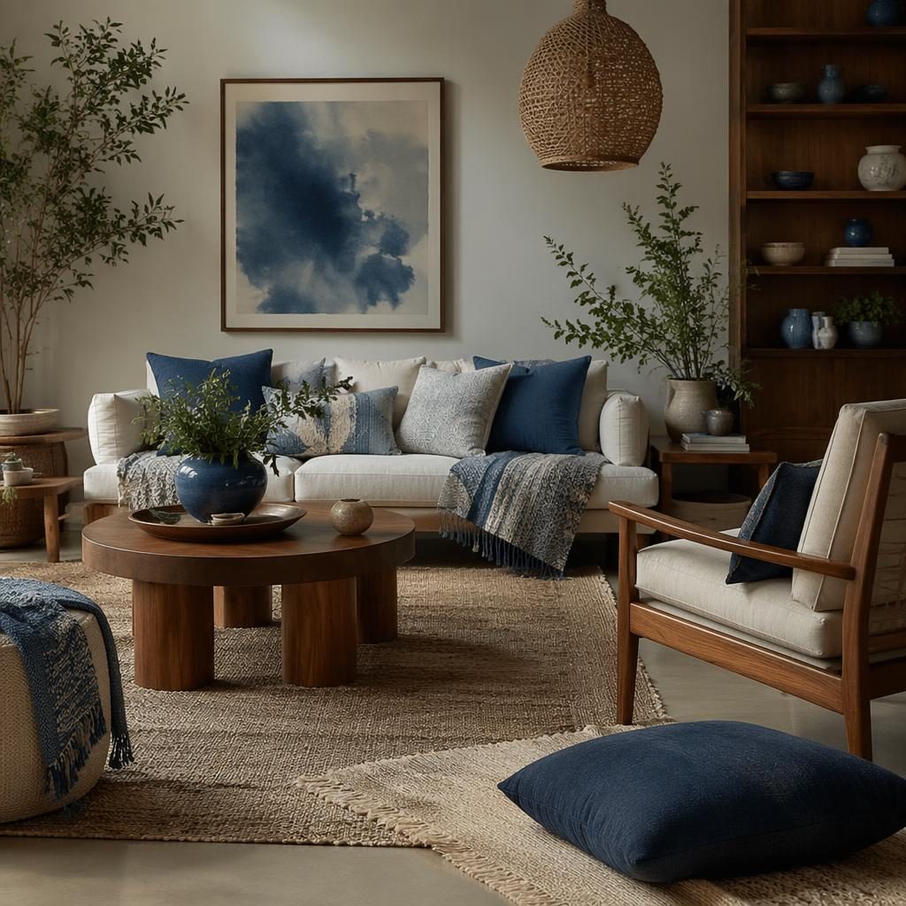 Boho mid-century teak bedroom with blue decor, sage and cream palette, plants, textiles, art, and soft diffused light.