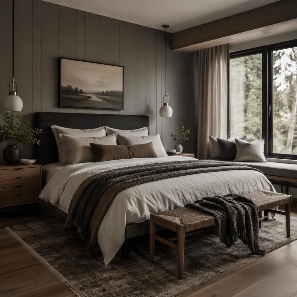 Salón modern farmhouse en tonos grises, con muebles de madera, textiles, plantas, arte mural y luz ambiental tenue.