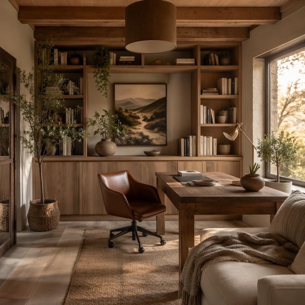 Vestidor minimalista con tonos tierra, materiales naturales, plantas, arte textil y luz dorada, sin personas.
