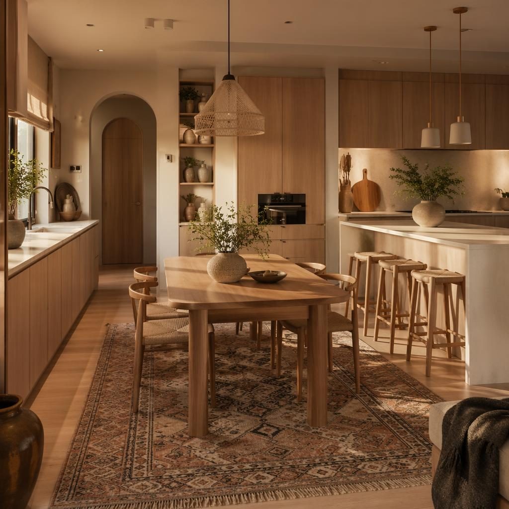 Cuisine scandinave bohème aux tons neutres chauds, tapis chaleureux, bois naturel, plantes et lumière dorée, sans personnes.