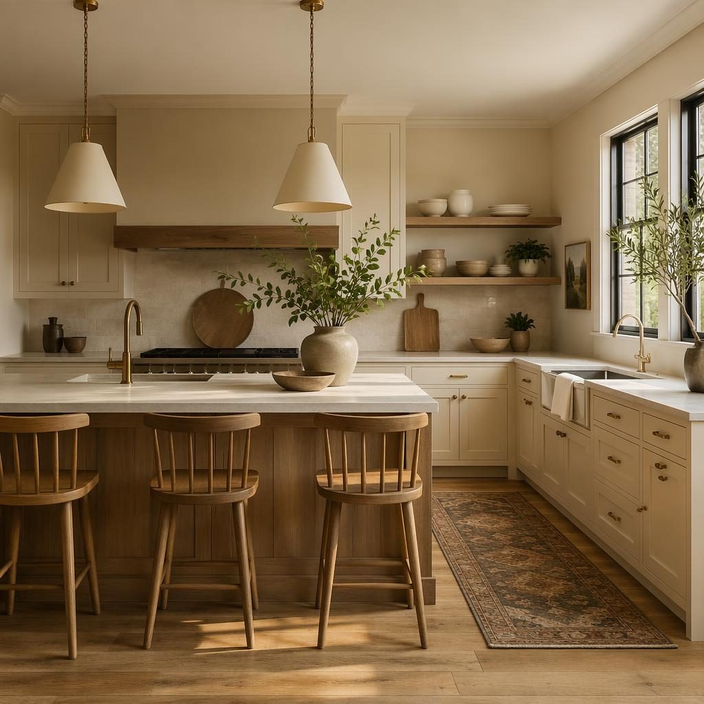 Realistic modern farmhouse kitchen with warm neutral tones, natural materials, plants, art, textiles, and golden hour light.