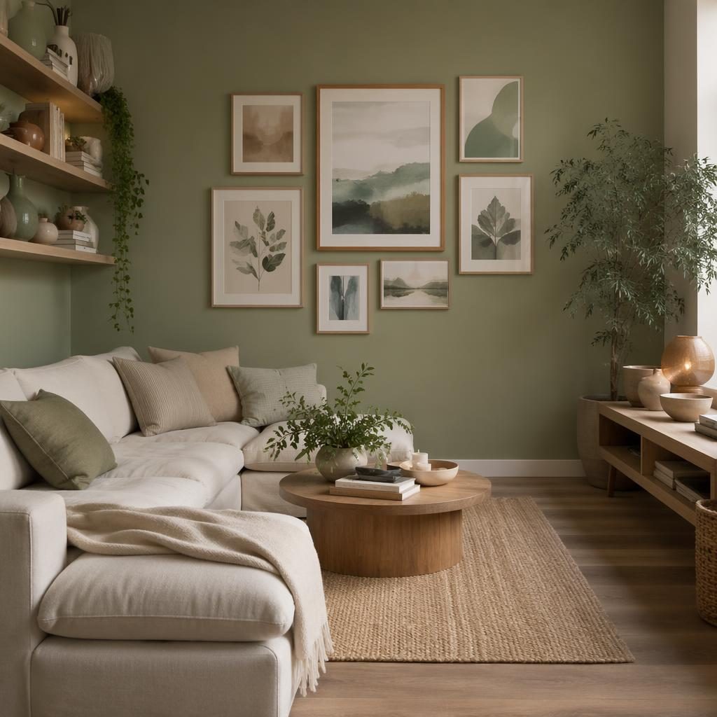Salon intérieur bohème minimaliste avec mur galerie, tons sauge et crème, plantes, textiles et lumière diffuse